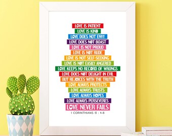 Bible verse wall art. Love is patient, love is kind, love never fails. 1 Corinthians 13:4-8. Printable scripture Sunday school poster