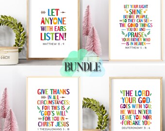 Bible scripture wall art bundle. Matthew 5:16, 9, 1 Thessalonians 5 18, Deuteronomy 31 6. Set of 4. Digital download, Sunday school decor