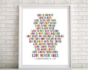 Bible verse wall art. Love is patient, love is kind, love does not envy, love never fails. 1 Corinthians 13:4-8. Printable poster