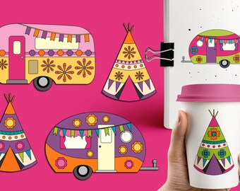 Happy Camper Spring clip art - RV caravan and camping teepee tent digital graphics