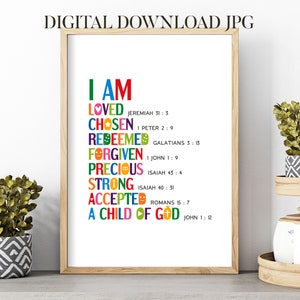Bible verse affirmation poster. Printable scripture wall art. I am loved, chosen, redeemed, forgiven, precious, strong, a child of God