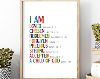 Bible verse affirmation poster. Printable scripture wall art. I am loved, chosen, redeemed, forgiven, precious, strong, a child of God