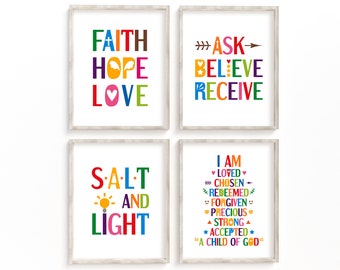 Bible verses wall art bundle.  Faith, Believe, Salt Light, Affirmation. Set of 4 Printables for Church decor