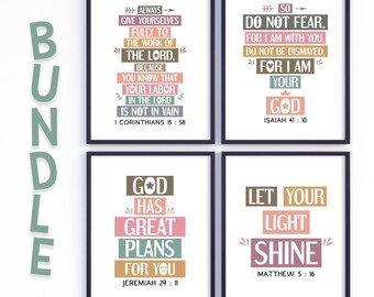 Bible verse wall art bundle. Jeremiah 29:11, Matthew 5 16, Isaiah 41 10, 1 Corinthians 15 58. Set of 4 Printables. Boho colors design