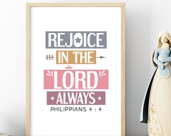 Scripture wall art. Rejoice in the Lord always. Philippians 4:4. Printable poster. Boho