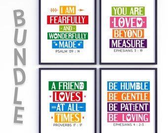 Bible verse wall art bundle. Psalm 139:14, Ephesians 3 19, Proverbs 17 17, Ephesians 4 2-3. Set of 4. Rainbow colors posters