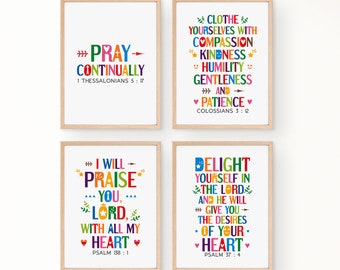 Bible verses wall art bundle. Colossians 3:12, 1 Thessalonians 5 17, Psalm 138 1, 37 4. Set of 4 Printable for kids bedroom decor