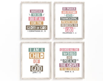 Bible verses wall art bundle. 1 Corinthians 10:31, Philippians 4 6, John 1 12, Mark 16 15. Set of 4 Printables. Boho colors design