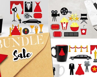 Hollywood movie night clip art bundle. Red carpet party, tuxedo, limousine, award, popcorn, ticket