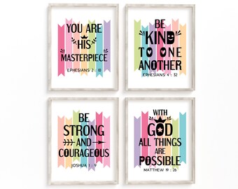 Christian sayings wall art bundle. Ephesians 2:10, 4 32, Joshua 1 9, Matthew19 26. Set of 4 Printables. Rainbow pastel colors