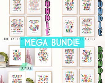 Christian posters bundle. Set of 16. Christian scripture. Bible verse wall art for kids bedroom and Sunday school decor. Digital download