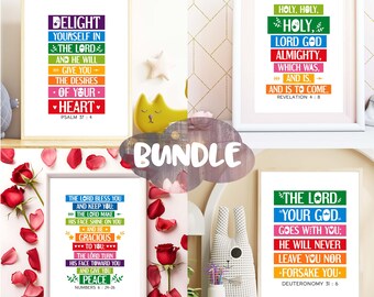 Printable Bible quotes wall art bundle. Set of 4. Rainbow colors posters. Numbers 6:24-26, Deuteronomy 31 6, Revelation 4 8, Psalm 37 4