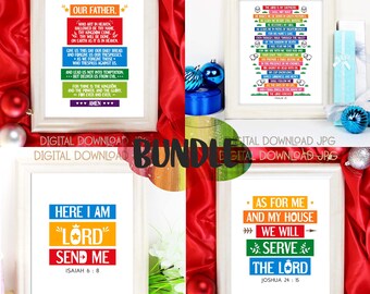 Printable Bible verse wall art bundle. Set of 4. Rainbow colors posters. The Lord's prayer, Psalm 23, Isaiah 6:8, Joshua 24 15