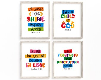 Printable kids wall art bundle. Bible verses posters, Set of 4. Matthew 5:16, John 1 12, 1 Corinthians16 14, Psalm 139 14