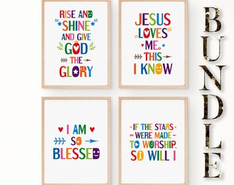 Christian sayings Bible verses wall art bundle. Kids bedroom and Sunday school wall art decor. Set of 4 Printable