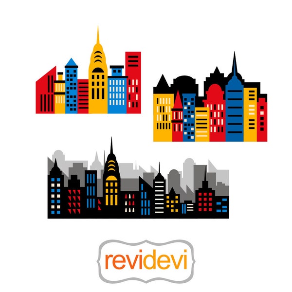 City buildings clip art, red blue yellow. Superhero city skyline, skyscraper digital images