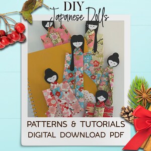 May include: DIY Japanese Dolls pattern and tutorial digital download PDF.  The image shows six paper dolls in various floral patterns, with the text "DIY Japanese Dolls" at the top and "PATTERNS & TUTORIALS DIGITAL DOWNLOAD PDF" at the bottom.