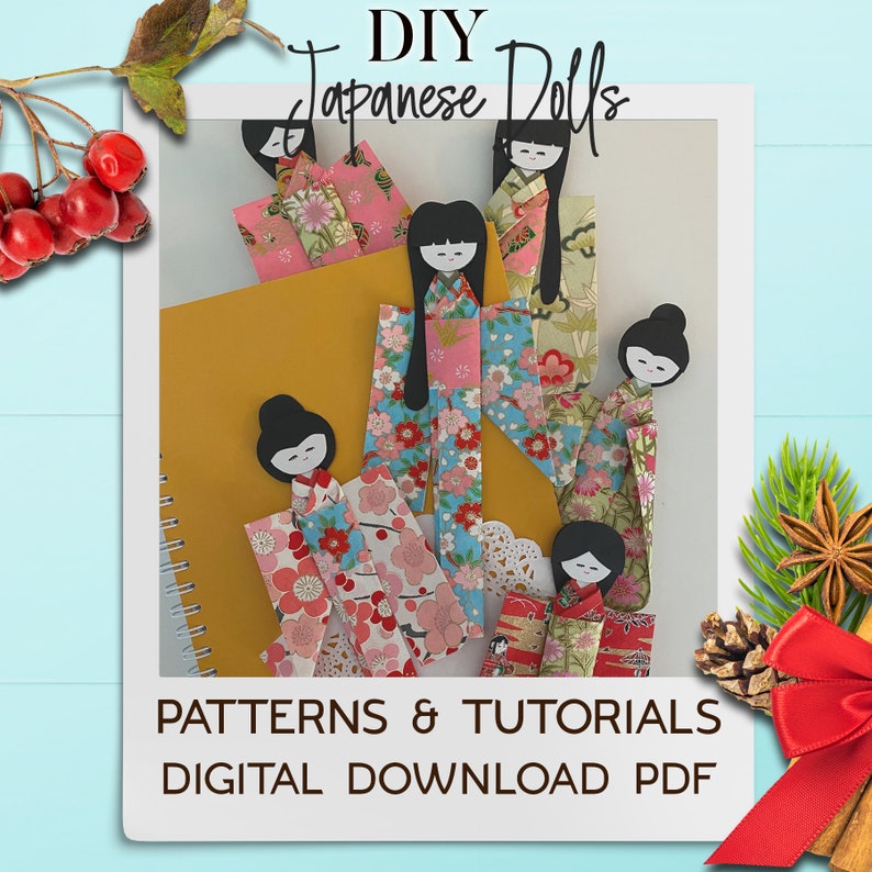 May include: DIY Japanese Dolls pattern and tutorial digital download PDF.  The image shows six paper dolls in various floral patterns, with the text "DIY Japanese Dolls" at the top and "PATTERNS & TUTORIALS DIGITAL DOWNLOAD PDF" at the bottom.