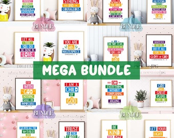 Bible verse bundle. Set of 16. Printable Inspirational Christian wall art posters for Sunday school decor. Rainbow stripes design