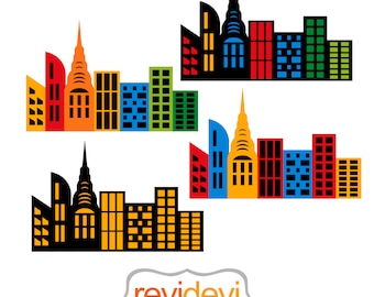 City buildings clip art. Superhero modern skyline for backdrop background