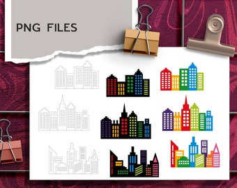 Superhero city buildings background clipart - simple colorful skyline digital images - PNG files