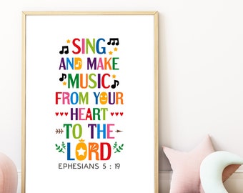 Printable music wall art for Sunday school.  Bible verse decor, Sing and make music from your heart, Ephesians 5:19