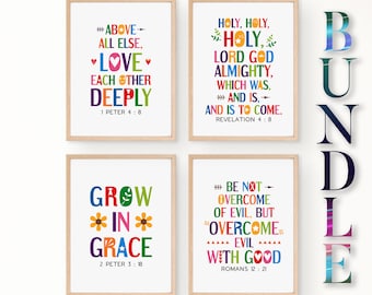 Bible verses wall art bundle. 1 Peter 4:8, Revelation 4 8, 2 Peter 3 18, Romans 12 21. Printable Christian kids bedroom decor. Set of 4
