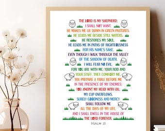 Psalm 23 poster. The Lord is my shepherd, I shall not want. Printable Bible Verse wall art for Church Sunday school decor