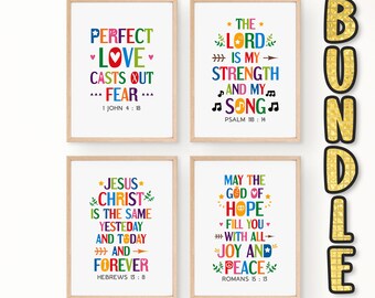 Bible verses wall art bundle. Psalm 118:14, 1 John 4 18, Hebrews 13 8, Romans 15 13. Printable Church Sunday school decor. Set of 4