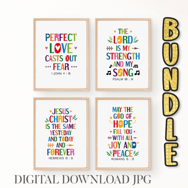 Bible verses wall art bundle. Psalm 118:14, 1 John 4 18, Hebrews 13 8, Romans 15 13. Printable Church Sunday school decor. Set of 4