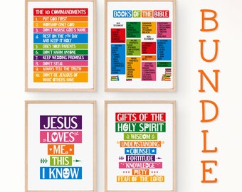 Bible verses wall art bundle. 10 Commandments, books of the bible, Jesus loves, Holy Spirit. Set of 4. Kids bedroom Rainbow colors posters