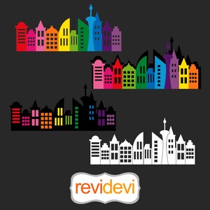 Rainbow colors buildings skyline clip art, superhero city backdrop. Digital download