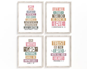 Bible verses wall art bundle. Galatians 5:22-23, 1 Corinthians 16 14, Luke 1 37, Proverbs 3 5. Set of 4 Printables. Boho colors design