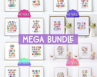 Christian posters bundle. Set of 16. Printable Christian bible verse wall art for kids bedroom and Church Sunday school decor