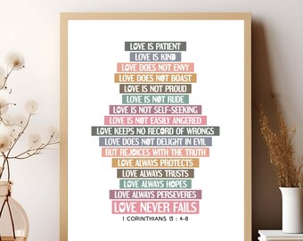 Bible scripture wall art. Love is patient, love is kind, love never fails. 1 Corinthians 13:4-8. Printable wall art for home decor