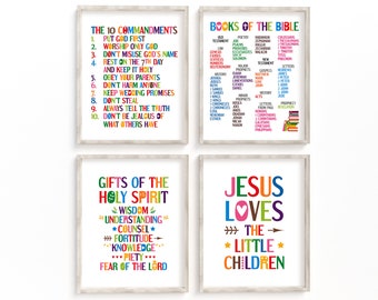 Bible verses wall art bundle.  Books of the Bible, 10 commandments, gift of the Holy Spirit, Jesus loves me. Set of 4 Printables