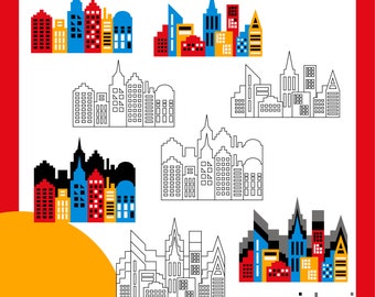 Superhero city buildings background clipart - Red, blue, yellow modern skyline digital images - PNG files