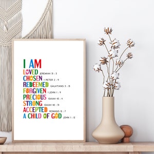 Bible verse affirmation poster. Printable scripture wall art. I am loved, chosen, redeemed, forgiven, precious, strong, a child of God image 5