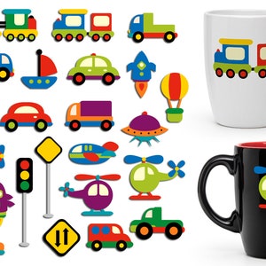 Transportation clip art. Cars, boats, planes, helicopters, rockets, traffic signs digital graphics image 1