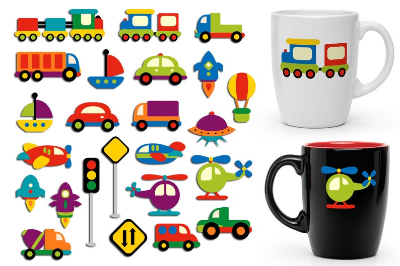 Transportation clip art. Cars, boats, planes, helicopters, rockets, traffic signs digital graphics image 1