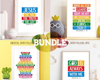 Bible quotes wall art bundle. Set of 4. Kids Rainbow colors posters. 1 Corinthians 13:4-8, John 14 6, Proverbs 4 23, Psalm 16 8