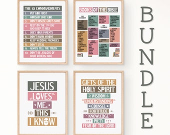 Bible verse wall art bundle. 10 Commandments, books of the bible, Jesus loves me, Holy Spirit. Set of 4 printables. Boho colors design