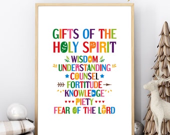 Gifts of the Holy Spirit. Printable scripture wall art. Catholic and Christian Sunday school decor. Bible verse poster