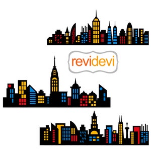 Superhero city buildings background clipart - long skyline digital images - PNG files