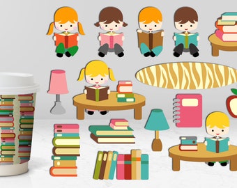 Reading clip art. Kids sit and read, library, stack of books, students clipart. Digital PNG graphics