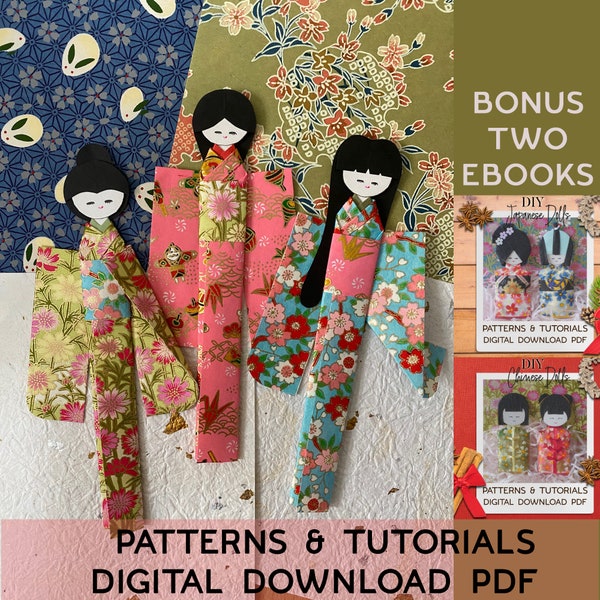 DIY Origami Kimono Dolls - Modèles créatifs PDF Ebook, tutoriel en anglais - Marque-page poupées japonais en papier washi - téléchargement immédiat