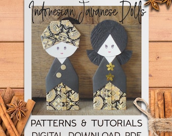 DIY Indonesian Dolls, Patterns and Tutorials in English - Digital craft kit Javanese kebaya dolls with printable batik papers