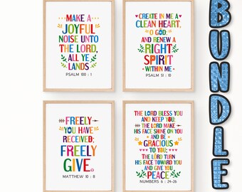 Bible verses wall art bundle. Psalm 100:1, Psalm 51 10, Matthew 10 8, Numbers 6 24-26. Digital download, Church decor. Set of 4