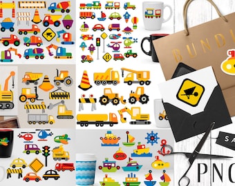 Transportation Clip art Bundle. Cars, construction trucks, boat, planes digital clipart. Instant download
