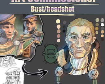 May include: Digital art commission sheet featuring a bust and headshot of a character with blonde hair, green eyes, and metallic facial implants. The image includes the text Art Commissions! Bust/headshot and Telvarla, alongside color palettes.
